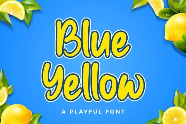 A sky-blue background with lemon slices and rip lemons in leaves in every corner. The text is yellow outlined and says "Blue Yellow" and in light yellow below are the words 
"A Playful Font." Find all our Cricut fonts here!