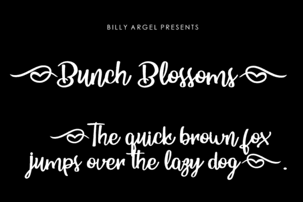 Bunch Blossoms font is upright, handwritten cursive perfect for casual invitations. The white text on a black square says "Bunch Blossoms" and "The quick brown fox jumped over the lazy dog."