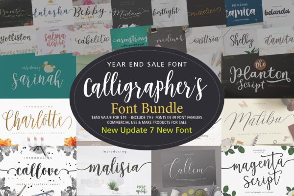 A collage of calligraphy font examples, with a black oval in the center. The center oval says "Year End Sale Font Calligrapher's Font Bundle" with further details. Calligraphy can be used on a number of Cricut design projects. 
