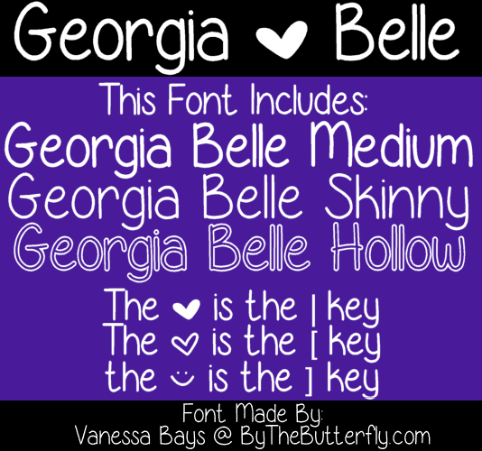 The words 'Georgia Belle' in white, with a white heart between the words. White font examples are listed on a blue square, with 'font made by Vanessa Bays at By The Butterfly dot com' written on the bottom black rectangle. 