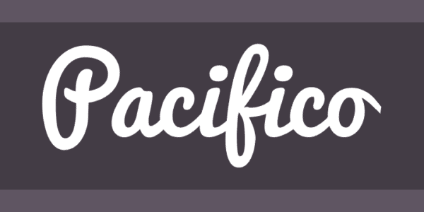 Get thousands of fonts for Cricut. Pacifico font is a chunky cursive. White text on a black background with gray stripes at the top and bottom. 