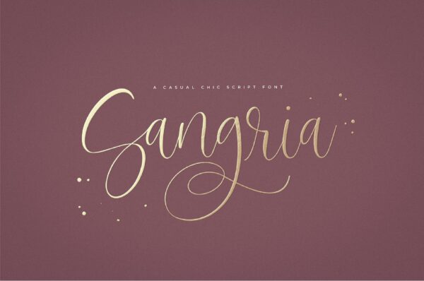 A seinna colored rectangle hosts golden scrolling script called "Sangria." Golden speckles bookend the font title. 