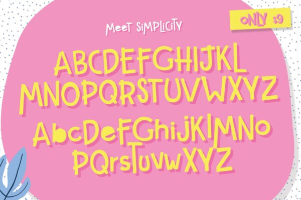 Meet Simplicity font, only nine dollars. Yellow text of the English alphabet on a pink background with purple confetti .