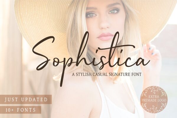 A beautiful woman in a sun hat looks at the audience. Black text of the words "Sophistica, a stylish causal signature font" a written across the front. For use in your Cricut machine. 