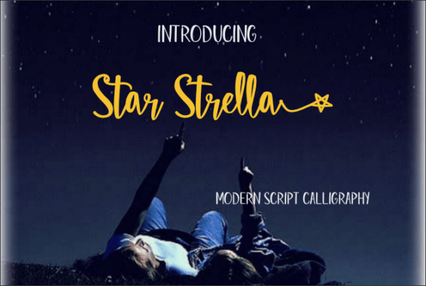 A mom and child lay on the ground pointing at the night sky. The words 'Introducing Star Stellar modern calligraphy' is written in white and yellow text. 