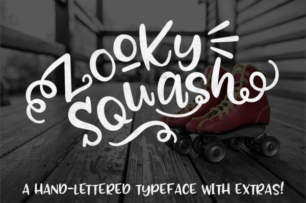 A black and white hallway with red roller-skates is the background for white text that says 'Zooky Squash a hand-lettered typeface with extras!'