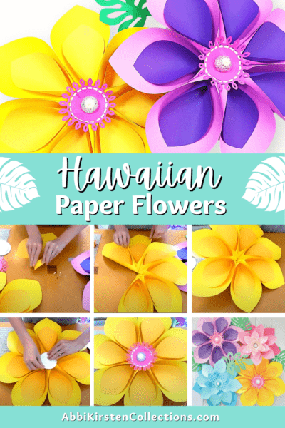 DIY Hawaiian paper flowers. How to make tropical paper flowers for summer party decorations. Download the flower template printables or SVG cut files for your Cricut. 