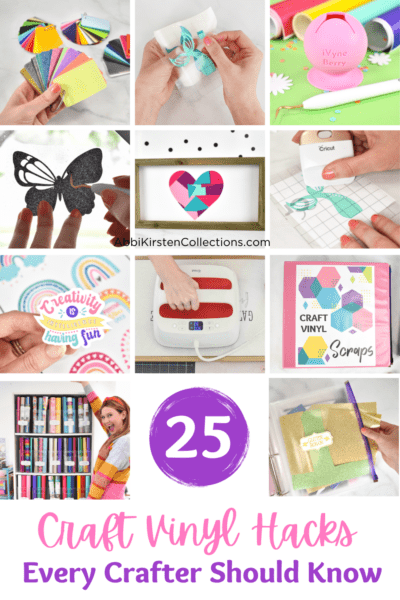 12 mini photos in a three by four grid. Each thumbnail shows a different craft using vinyl, like stickers, cards, and ornaments. The eleventh photo is a purple circle with a white "25" in it. The graphic reads "Craft Vinyl Hacks Every Crafter Should Know."