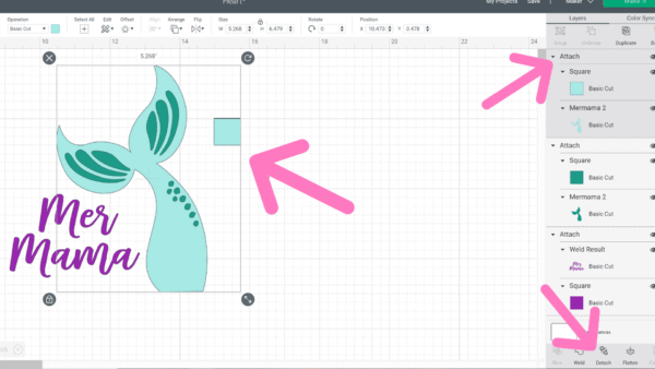 A screenshot of registration dots in Cricut design space, using a mermaid's tail as a sample image. The graphics read "mer mama." Tips and tricks for using vinyl with your Cricut machine. 