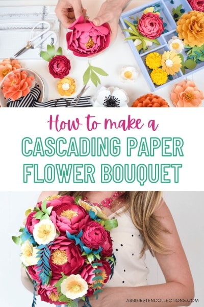 A pair of photos showing the process of making various paper flowers for a cascading paper flowers bouquet, and a woman in a white dress holding the completed bouquet, with red and white flowers and blue and green leaves. The text overlay reads “how to make a cascading paper flower bouquet” 