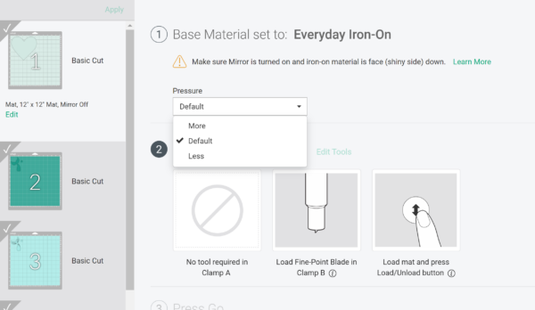 A screenshot of the Design Space window where you can adjust your pressure. Use these 25 vinyl hacks with your Cricut cutting machine. 