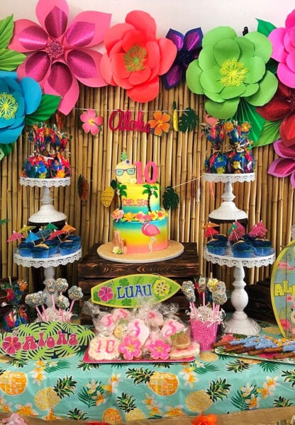 Tropical Summer luau party backdrop with large paper flowers. 