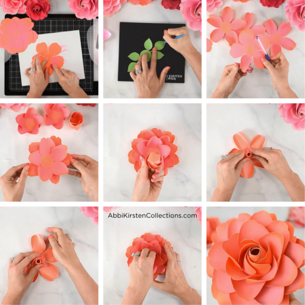 Each picture in this 9 paneled instructional graphic shows the steps needed to assemble your full garden bloom flower using the paper rose tutorial. 