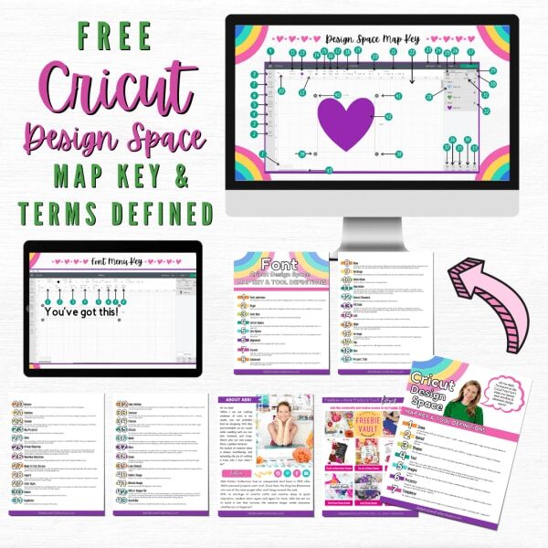 A collage of helpful cheat sheets and eguides that provide Cricut Design Space help for beginner crafters.