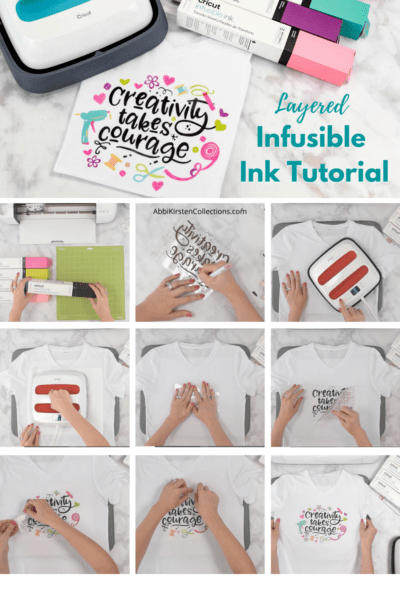 A grid of photos showing how to create the “Creativity Takes Courage” T-shirt using the Cricut Infusible Ink tutorial. 