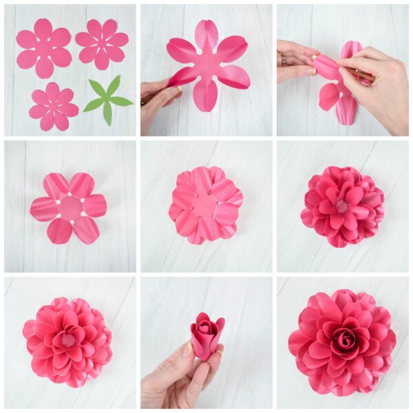Nine photos show how to make a small paper Camellia rose, beginning with Cricut cut petals and greenery, through the creation of the center bud, to the completion of the graceful pink rose. 