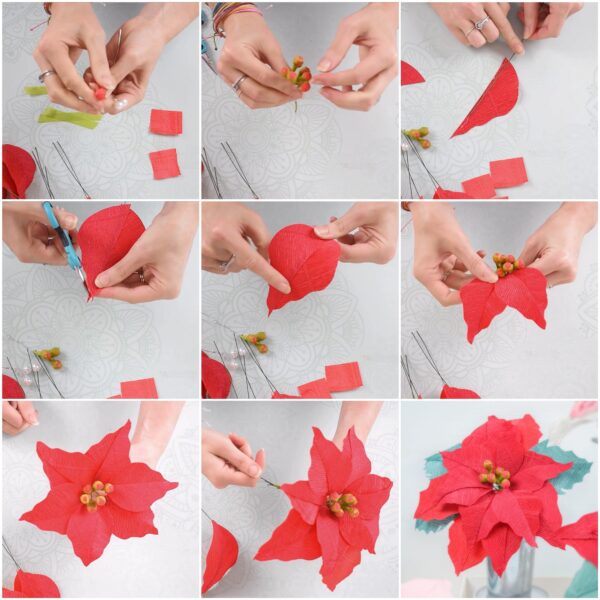 How to craft crepe paper poinsettias for christmas decorations. 