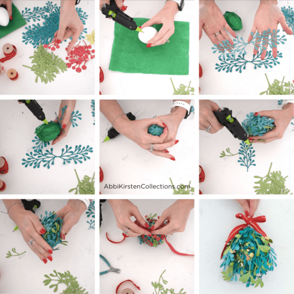 A grid collage of 9 images shows the steps for making a DIY mistletoe kissing ball with paper, including cutting out the mistletoe leaves, forming the kissing ball, and tying a festive holiday ribbon around the finished craft.