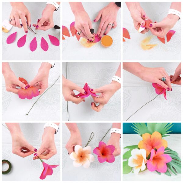 Multiple pictures form a pictorial instruction grid on how to make small crepe paper plumeria flowers. Abbi's hands demonstrate how to shape, shade, cut, and assemble a pink plumeria with a stem. She also shows a completed white plumeria with a stem, and the final photo is a close-up of three finished plumerias with green leaves. 