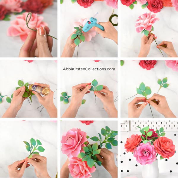 A collage of images showing how to add stems and green leaves to the paper roses, creating a gorgeous paper rose bouquet sitting in a white vase. 