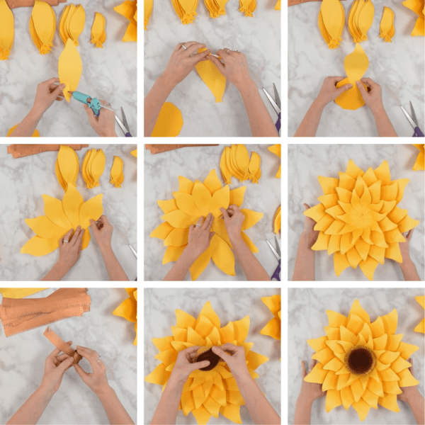 A nine grid step-by-step photo tutorial on how to create giant yellow paper sunflowers. The first picture shows Abbi applying glue to a petal and progresses as she glues petals around a yellow circle base. 