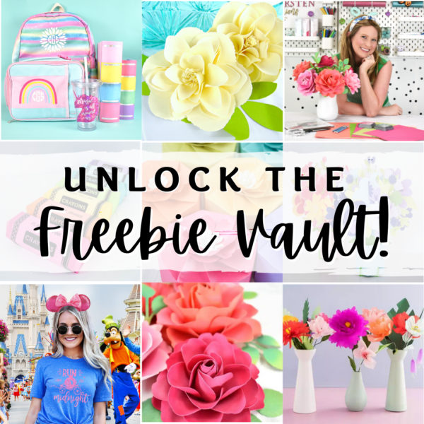 A multi-paneled graphic showing different crafts in each of the six boxes. These include a smiling Abbi Kirsten, paper flowers, and t-shirts at Disney World. The words in the center of the graphic read, "Unlock the Freebie Vault."