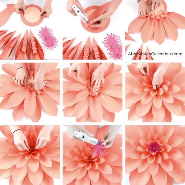 How to make giant paper dahlia flowers: a photo series showing how to roll flower petals and create a giant paper dahlia. 