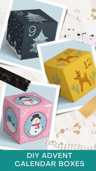 3 different Christmas-themed DIY printable advent calendar boxes are shown in this graphic with the words "DIY advent calendar boxes" in a text box on the bottom. 