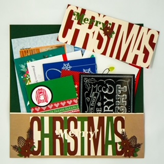 Multiple cards inside a Christmas card display and tan, red, green and ivory storage envelope. 
