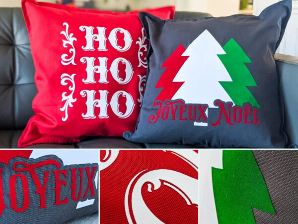 A four image collage of a DIY flocked Christmas pillow craft with Cricut. The pillows are red, white, green and grey.  