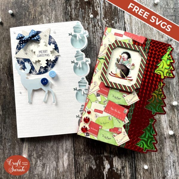 Two DIY easy handmade Christmas cards with Cricut. One is blue and white decorated with wintery items and the other is red, green and white with a skiing penguin, holiday envelopes and Christmas trees. 