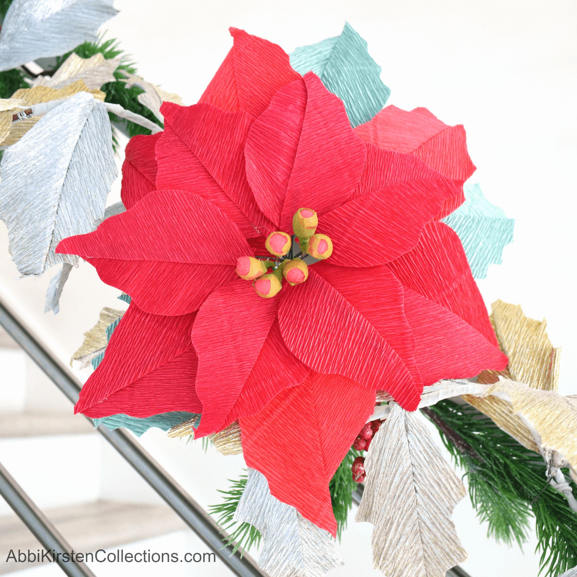 DIY Paper Poinsettia and Holly Leaf Christmas Garland