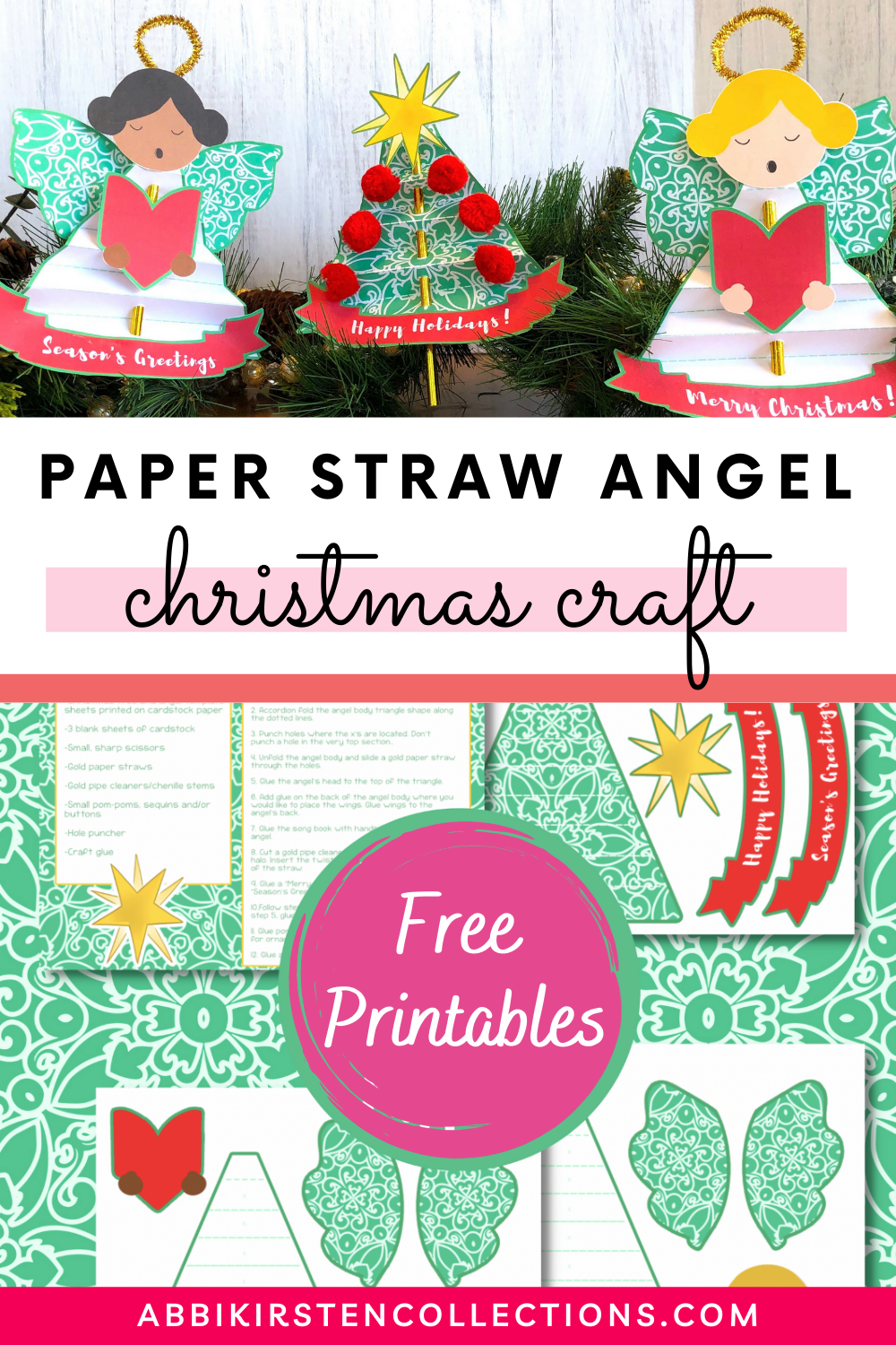 A large graphic shows a festive Christmas angel craft. The top half of the graphic shows three completed paper angel crafts. The text in the center of the image says, “Paper straw angel crafts.” The lower half of the image shows the different free printables included with the craft tutorial.