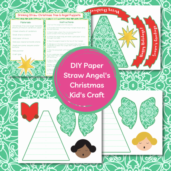 A square photo of the Christmas angel craft free printables templates made with green and white patterned paper. A pink center circle contains the words "DIY Paper Straw Angel's Christmas Kid's Craft."