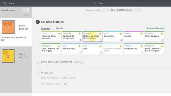 A screen shot of how to choose medium cardstock in Design Space. 