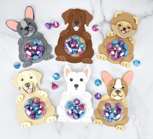 Christmas ornament craft project. Candy ornament holder craft with puppy dogs. Download the SVG files for Cricut and other machines here. 