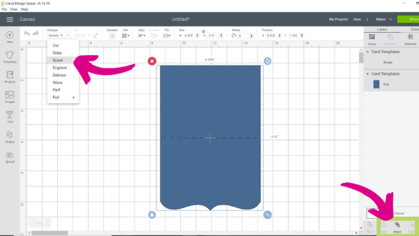A screen grab showing Cricut Design Space with a blue Christmas card template silhouette and drawn arrows showing how to change the scoreline in Design Space before printing and cutting.
