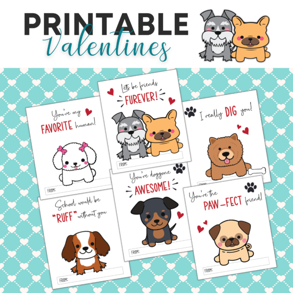 Funny dog valentine printable cards for kids are on a white and mint-green heart and dots background. Above these examples are the words "Printable Valentine's" with a two cartoon dogs that are featured on one of the craft cards. 