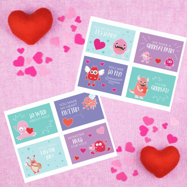 These 8 types of colorful monster valentine's for kids are seen above a pink fabric background surrounded by red stuffed felt hearts and cut out fabric hearts. 