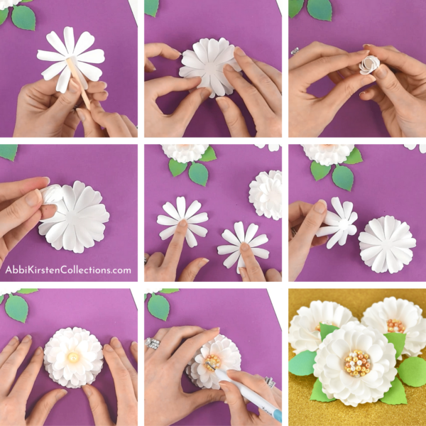 A collage of nine images show every step to make small white pearl paper dahlia flowers.