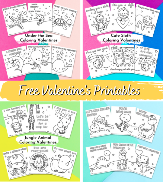 "Free valentine printables" is written in the center of the four square pictures of Valentine coloring pages for kids.