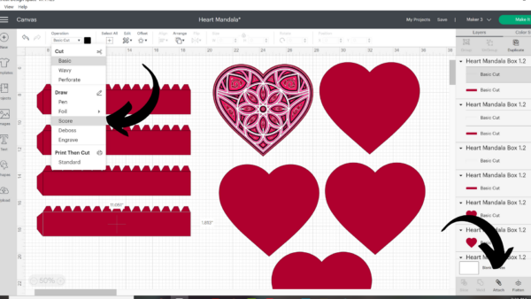Red and pink heart paper craft templates in Cricut design space. 