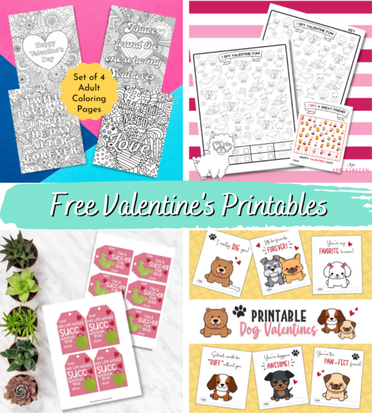 A four-paneled graphic with four pictures of blank coloring pages, games, succulent tags and Valentine's Day cards. Download free valentine printables for kids and adults to give as easy handmade gifts for Valentine's Day. 