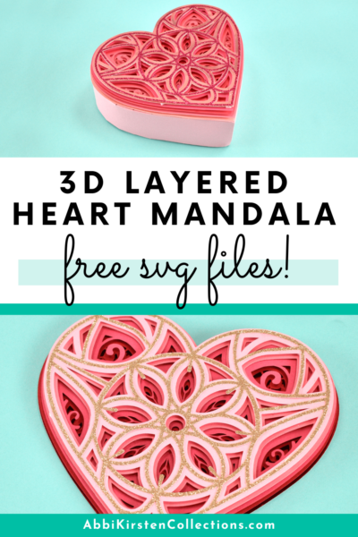 Two images of a pink and gold heart mandala paper box with a turquoise background.  