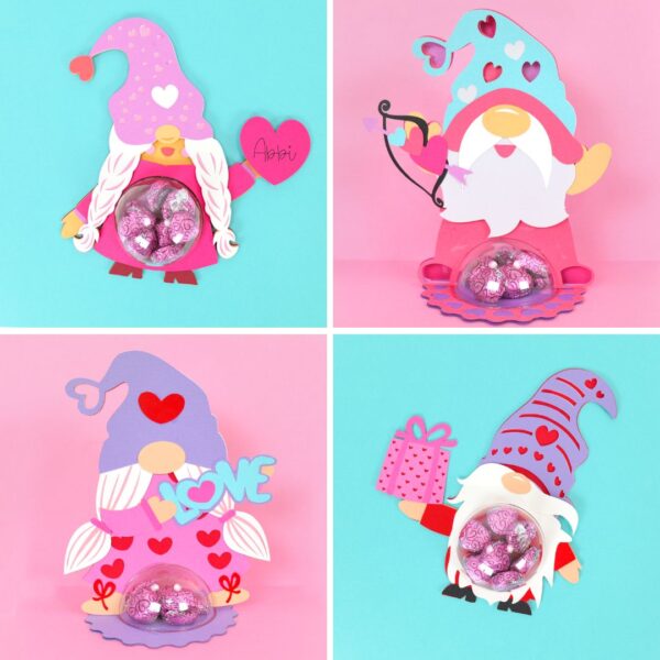 Set of four gnome candy holders for Valentine's Day featured in a square collage. 