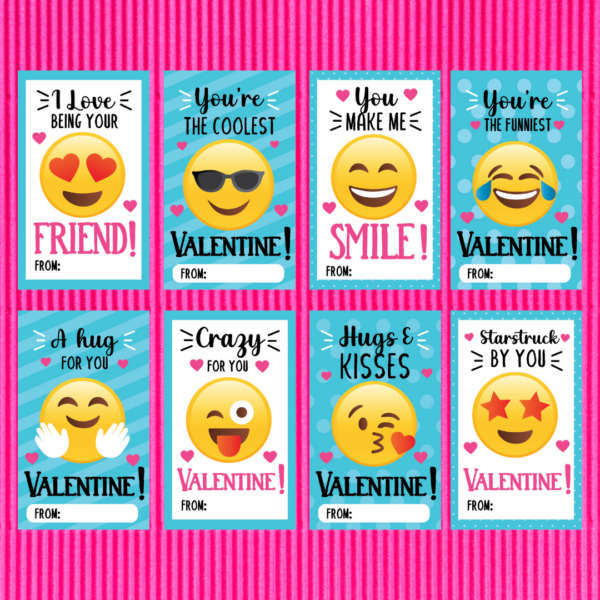 Eight white and blue emoji Valentine's Day cards on a pink striped backdrop. Each emoji has a phrase related to the image, like a heart-eyes emoji with the words "I love being your friend" and a tongue-out emoji that says "Crazy for you Valentine!"