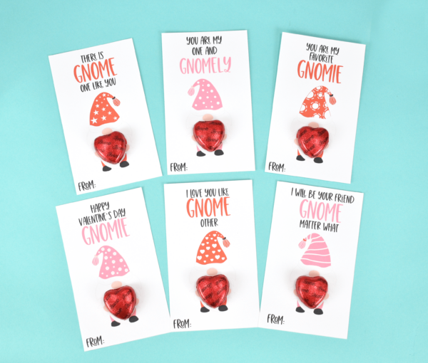 Gnome printable valentines with heart chocolates. 