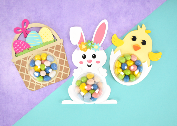 DIY candy holder Easter crafts for adults and kids. Download the free Easter egg SVG, bunny, and chick candy holder SVG cut files to make this craft.