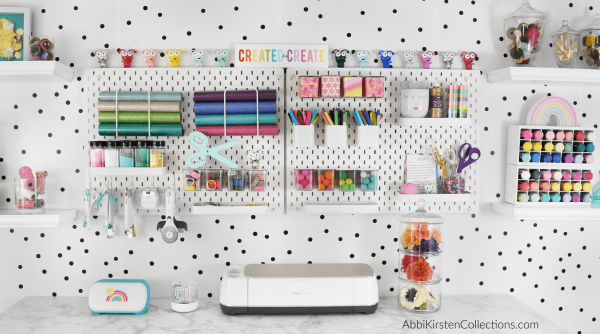 A wider view of my pegboard wall organizer and shelf storage for easy access to supplies