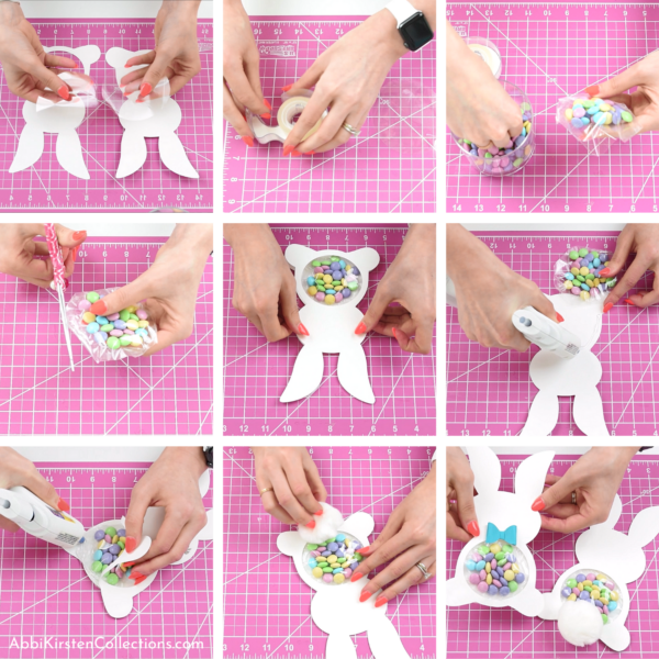 A nine-picture grid tutorial shows Abbi creating the candy-filled Easter Bunny in step-by-step close-up detail on a bright pink self-healing craft mat.  